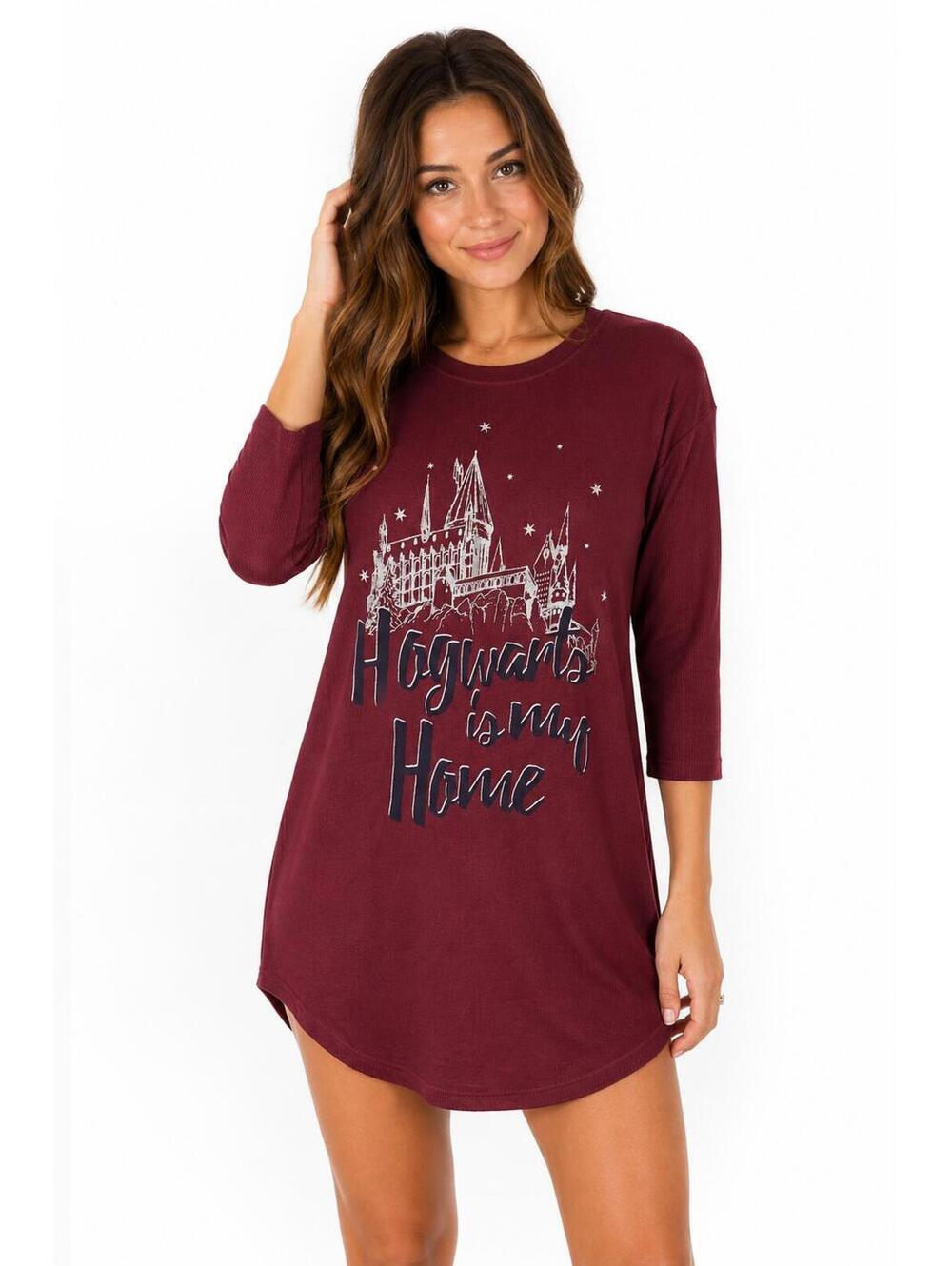 Women's Burgundy Graphic Nightshirt - Hogwarts Is My Home